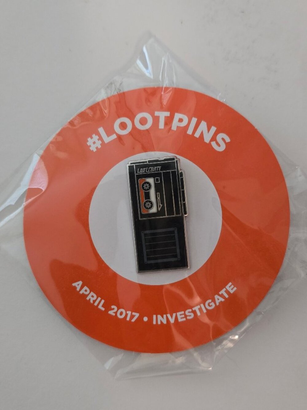 "Investigate" Mini Micro cassette Player Pin April 2017 Loot Crate Lootpins